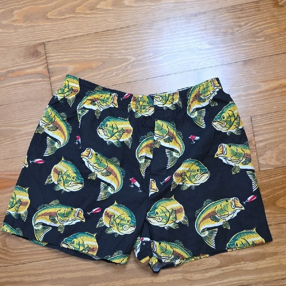 Bass Fishing Print Black Boxers- Salamander Boxers Size LARGE NWOT